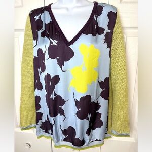 MONOPLAZA Spain Designer Blouse Top Shirt Sweater Floral Knit Blue Green Burgund